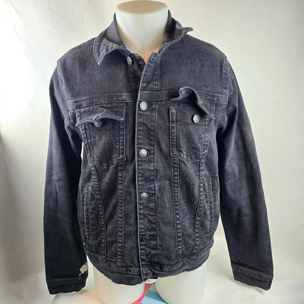 True Religion Jacket Mens Large Black Denim Trucker Casual Rocker Grunge Stretch